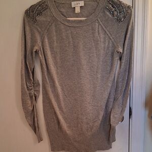 LOFT Light Gray Embellished Shoulder Sweater
